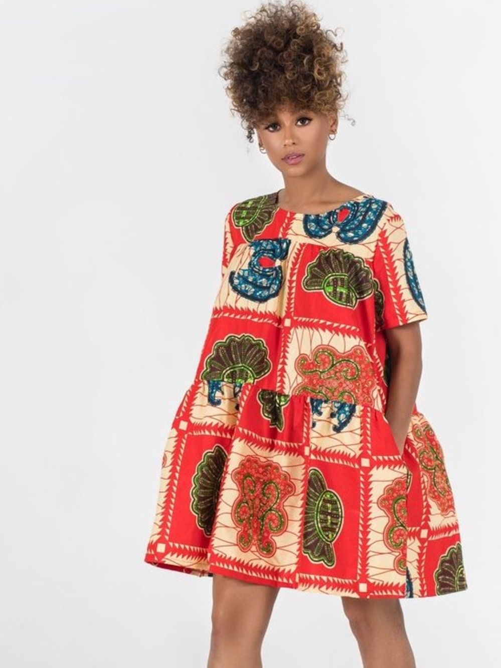 Grass-Fields African Tribal Patchwork Print Tiered Mini Dress Women’s Size 10